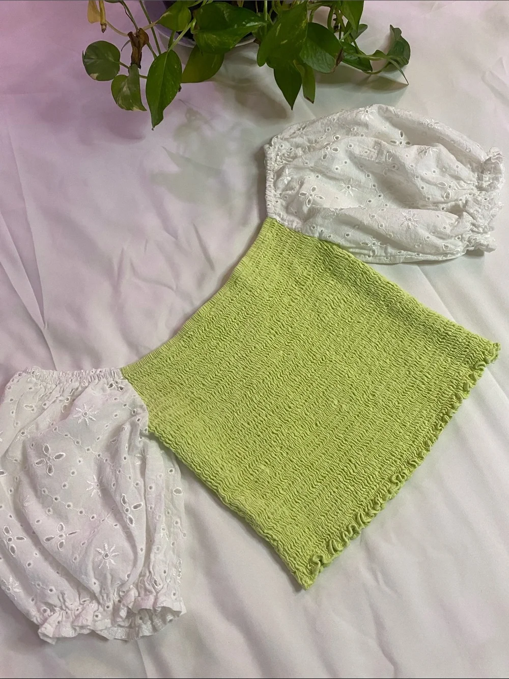 Smocked Lime Green Crop Top with White Puff Eyelet Sleeves - Picture 6 of 6